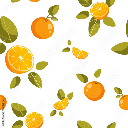Seamless pattern, whole oranges, halves and orange slices, with green leaves on a white background. Abstract fruit background. Ideal for textile production, wallpaper, posters. Vector illustration