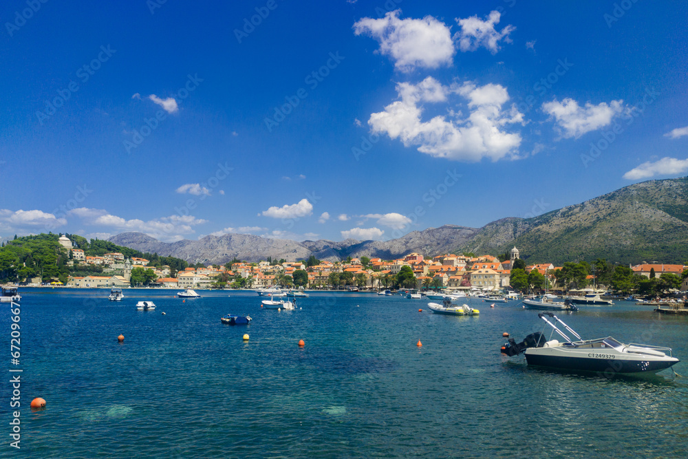 Fototapeta premium Cavtat, Croatia - August 11, 2023: Cavtat (Croatia) is a popular tourist destination with many hotels and restaurants. Beautiful town Cavtat in southern Dalmatia