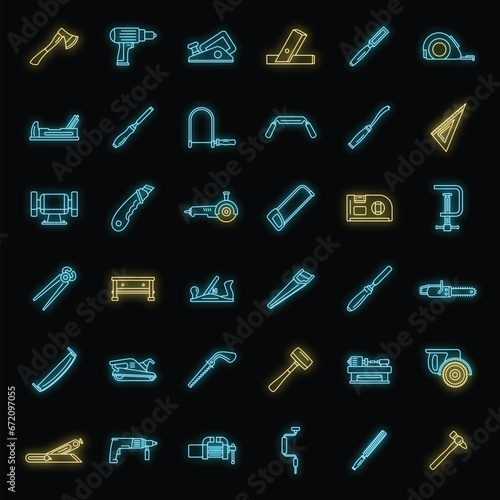 Carpenter working icon set. Outline set of carpenter working vector icons neon color on black