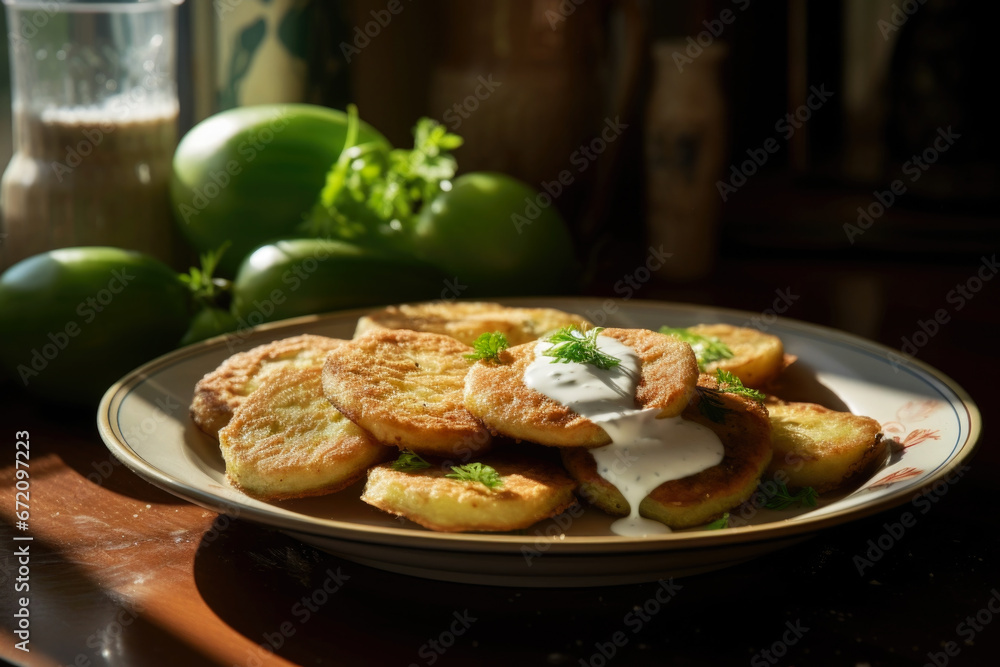 Fried green tomatoes with white sauce and parsley close up on a plate Fried green tomatoes with white sauce and parsley close up on a plate