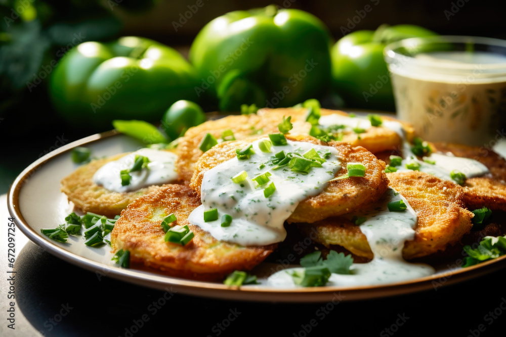 Fried green tomatoes with white sauce and parsley close up on a plate Fried green tomatoes with white sauce and parsley close up on a plate