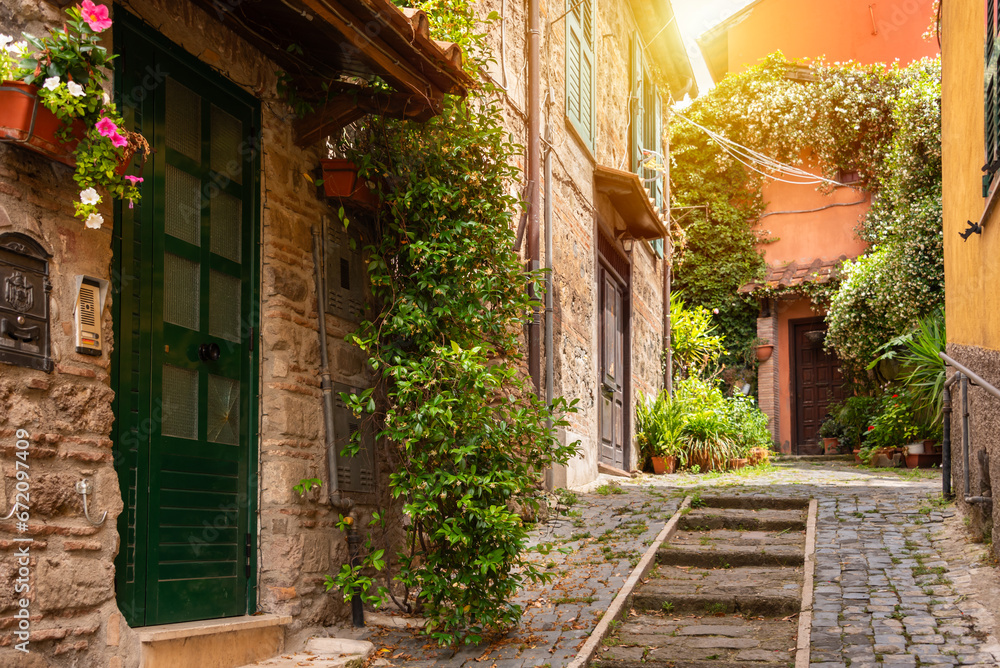 Narrow street of small town with many flowers in Italy