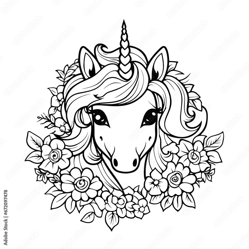 Fototapeta premium Cute Unicorn Flowers Isolated Outline Coloring, Coloring Pages Png