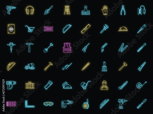 Masonry worker construction icon set. Outline set of masonry worker construction vector icons neon color on black