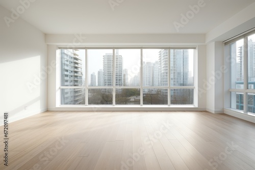 Empty modern room with white walls and large windows Minimalist interior design in a luxury apartment The space is clean and contemporary by Generative AI