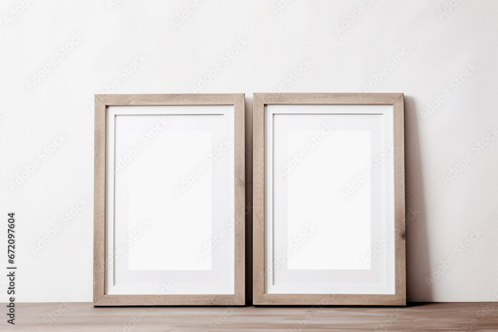 Two blank frames styled mockup photo, vertical, blank frame for art display, minimalist, clean, elegant, white background, wood frames