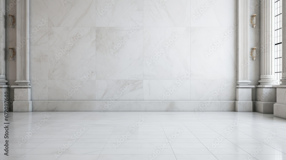 a white tile floor and a wall