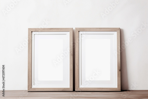 Two blank frames styled mockup photo  vertical  blank frame for art display  minimalist  clean  elegant  white background  wood frames