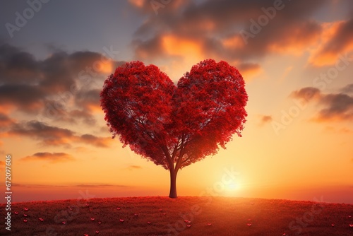 Red heart shaped tree at sunset, love tree , happy Valentine day 