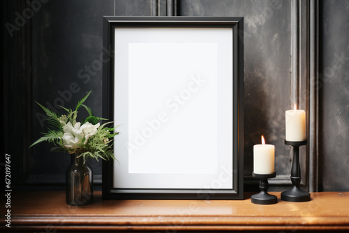 Blank frame styled mockup photo, vertical, blank frame for art display, minimalist, clean, elegant, black frame