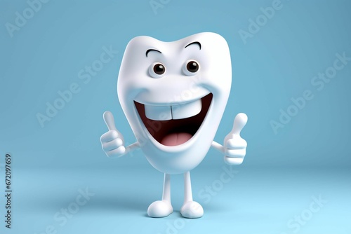 Joyful tooth cartoon character giving a double thumbs up while smiling, AI-generated.