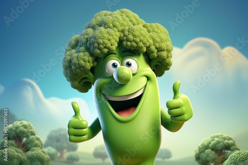 Cheerful cartoon broccoli character with a smile on its face and thumbs up in the air, AI-generated. photo