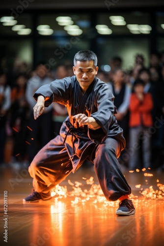 Wushu competition with competitors in action, Generative AI