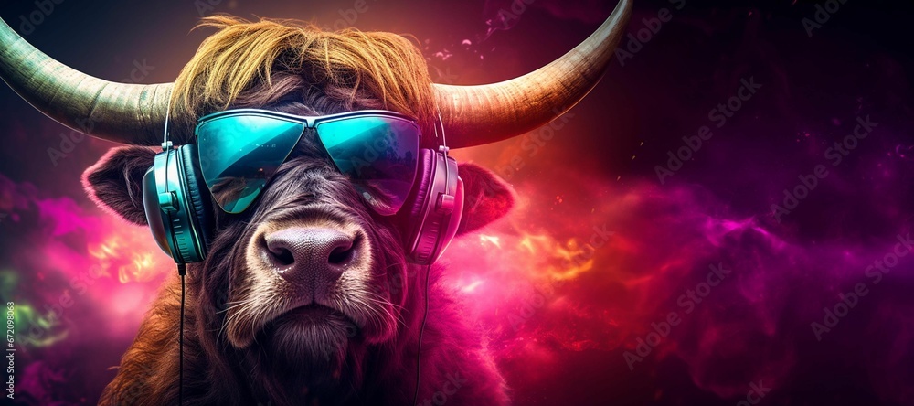 AI generated illustration of A bull wearing headphones with a colorful background