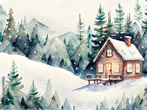 Watercolor vintage winter rural landscape with house in the forest background
