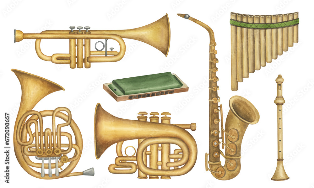 Fototapeta premium Wind group musical instruments. Watercolor clipart set. Trumpet, harmonica, panflute, french horn, tuba, recorder, saxophone on white background