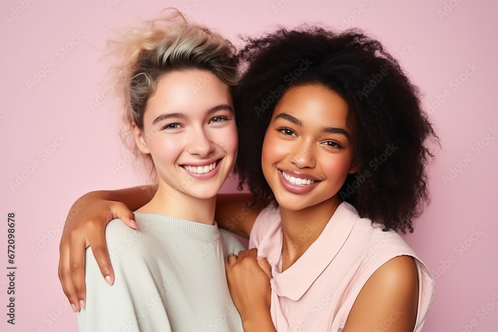 Two diverse happy women having fun together in a studio environment Two diverse happy women having fun together in a studio environment