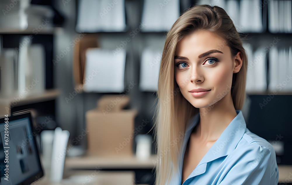 Beautiful girl in a corporate agency. Cute woman in workplace. Amazing businesswoman smiling in camera. Office worker scene. Beautiful girl in a corporate agency. Cute woman in workplace. Amazing businesswoman smiling in camera. Office worker scene.