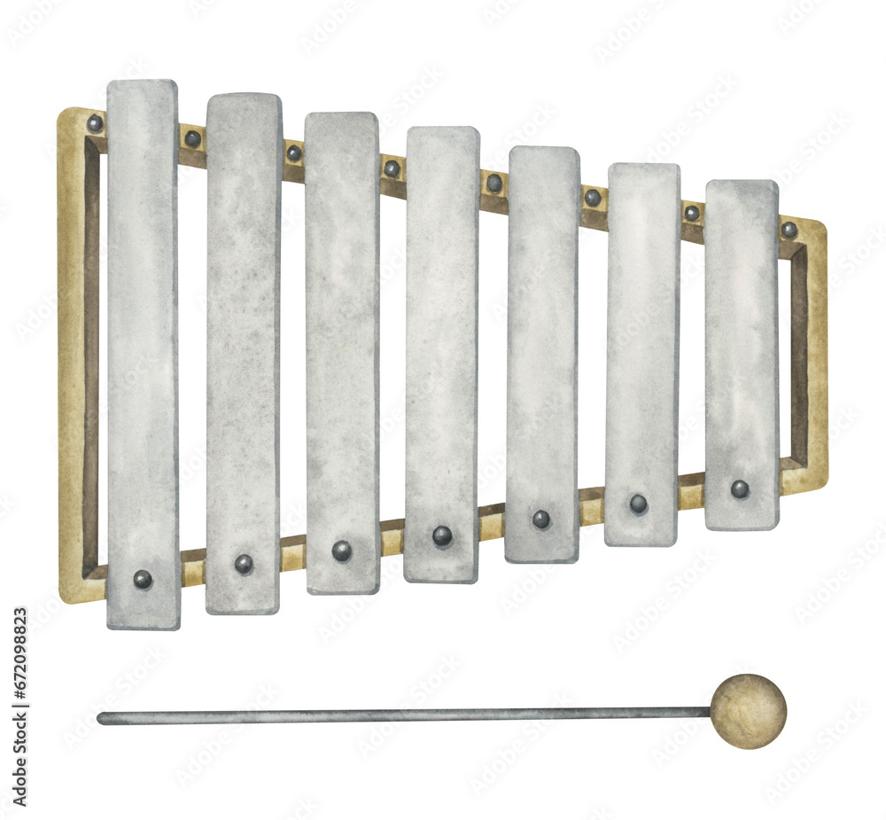 Xylophone watercolor illustration. Musical instrument isolated on white background Xylophone watercolor illustration. Musical instrument isolated on white background