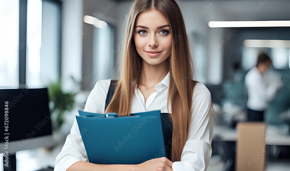 Beautiful girl in a corporate agency. Cute woman in workplace. Amazing businesswoman smiling in camera. Office worker scene.