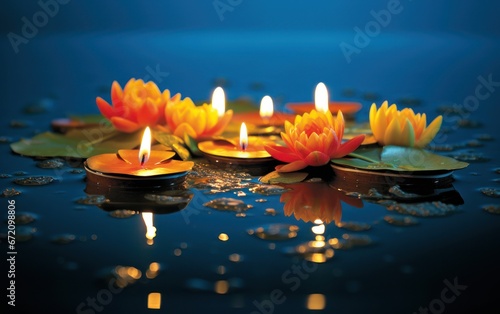 Floating loy krathong and candle in Thailand full moon folk festival. Generative AI © sticker2you