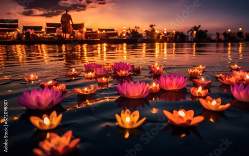 Floating loy krathong and candle in Thailand full moon folk festival. Generative AI photo