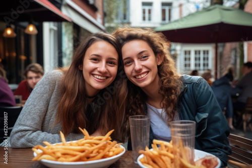 Two female friends enjoying tasty French fries in street restaurant