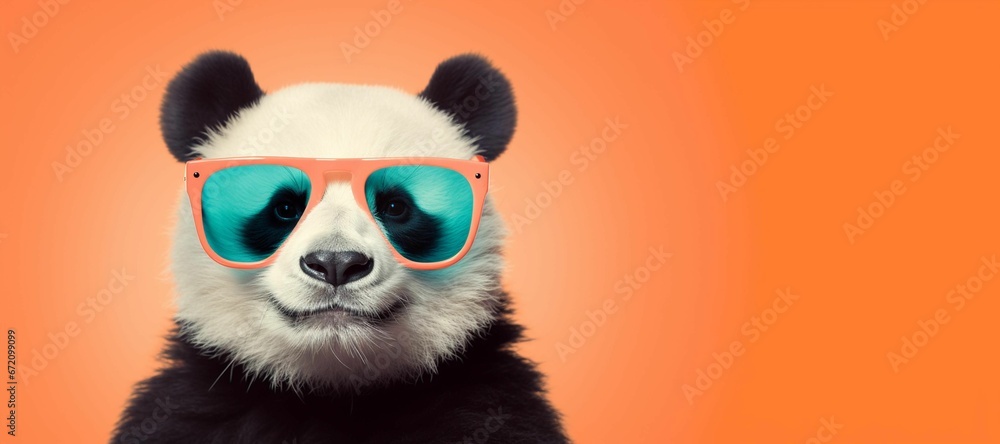 AI generated illustration of a black-and-white panda bear wearing sunglasses on an orange background