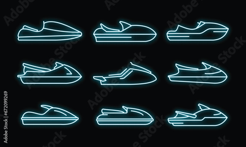 Race jet ski icons set. Outline set of race jet ski vector icons neon color on black