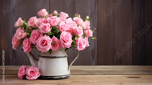 Pink and beige roses in vintage enamel coffee pot.
