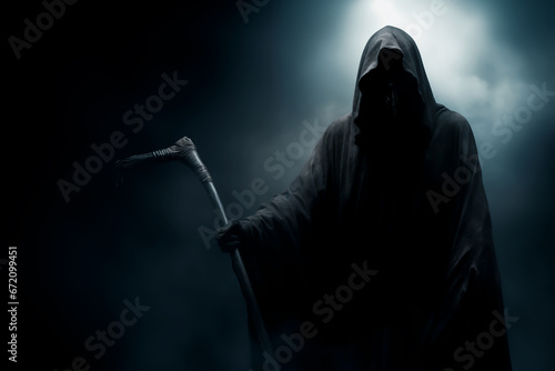 The Grim Reaper, the bringer of death and reaper of souls, standing in a thick fog, holding his scythe. Concept of mortality and death. Shallow field of view photo