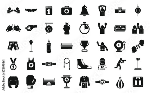 Boxing tournament icons set simple vector. Academy battle club. Glove fighter kick
