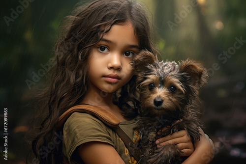 A girl holds a little dog and takes a photo together as a souvenir. Half body portrait
