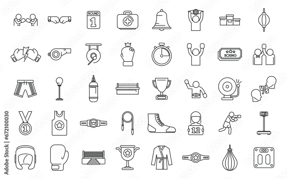 Boxing tournament icons set outline vector. Academy battle club. Glove fighter kick Boxing tournament icons set outline vector. Academy battle club. Glove fighter kick