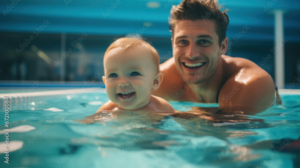 Portrait of happy father and son playing together in swimming pool. Spending quality time, lifestyle, family, summertime and vacation concept. Portrait of happy father and son playing together in swimming pool. Spending quality time, lifestyle, family, summertime and vacation concept.