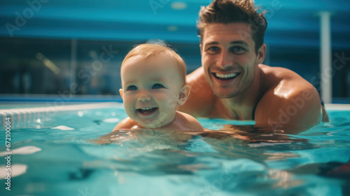 Portrait of happy father and son playing together in swimming pool. Spending quality time, lifestyle, family, summertime and vacation concept. © PaulShlykov