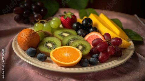 AI-generated illustration of a fruit platter on the table with a blurry background