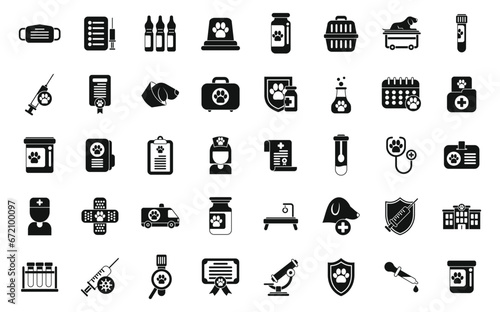 Pets vaccination icons set simple vector. Dog pet animal. People doctor owner