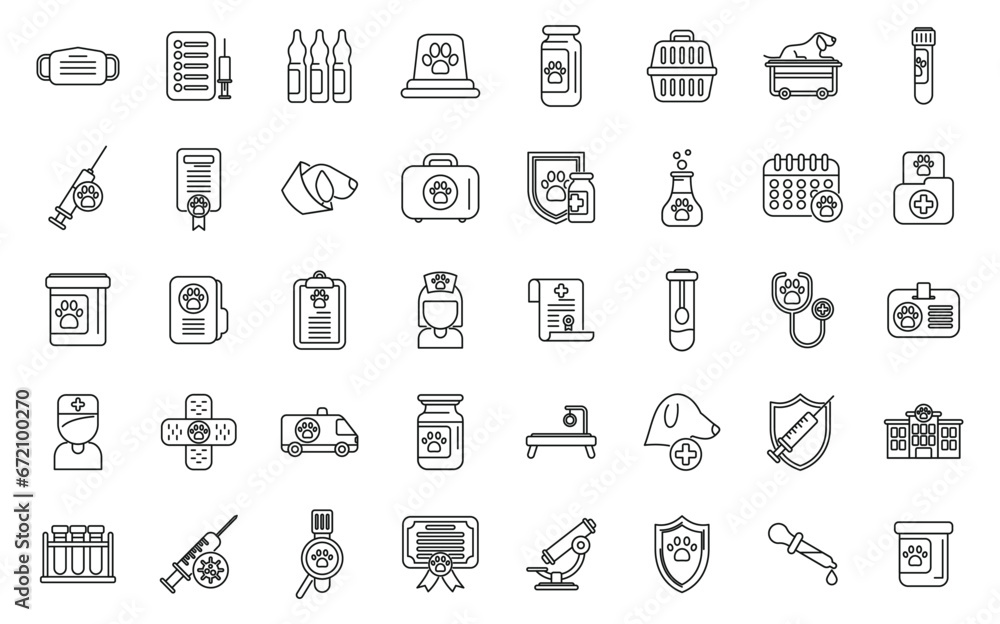 Pets vaccination icons set outline vector. Dog pet animal. People doctor owner Pets vaccination icons set outline vector. Dog pet animal. People doctor owner