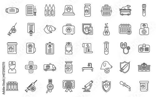 Pets vaccination icons set outline vector. Dog pet animal. People doctor owner