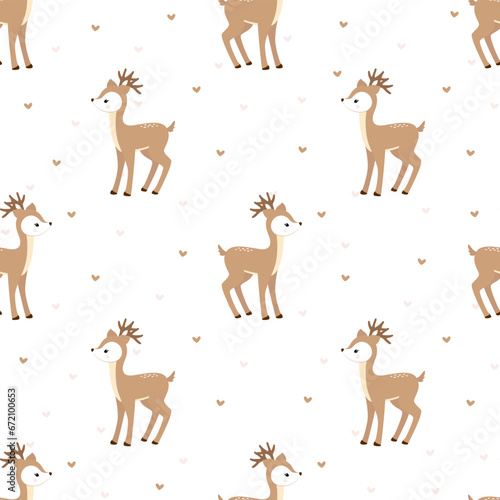 Seamless vector pattern with cute fawn and heart. Perfect for textile  wallpaper or print design.