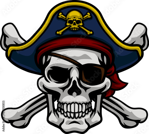 A pirate skull and crossbones jolly roger grim reaper cartoon wearing captain a hat and eye patch