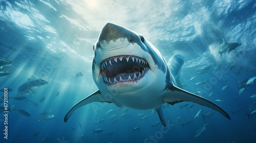 Ocean shark bottom view from below. Open toothy dangerous mouth with many teeth. Underwater blue sea waves clear water shark swims forward. Made with genreative ai