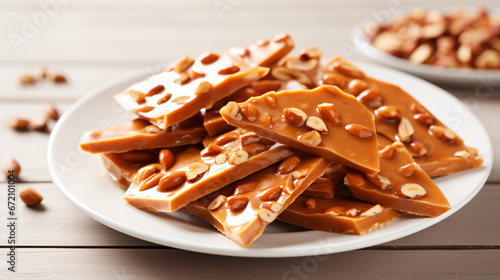 Plate of traditional peanut brittle candy pieces.
