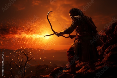 An archer releasing an arrow with a sunset in the background, Generative AI photo