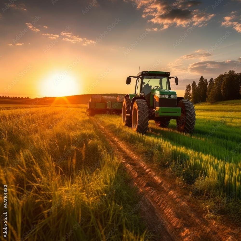 Fototapeta premium AI generated illustration of a tractor in a field with the sun rising in the background