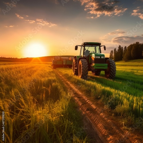 AI generated illustration of a tractor in a field with the sun rising in the background