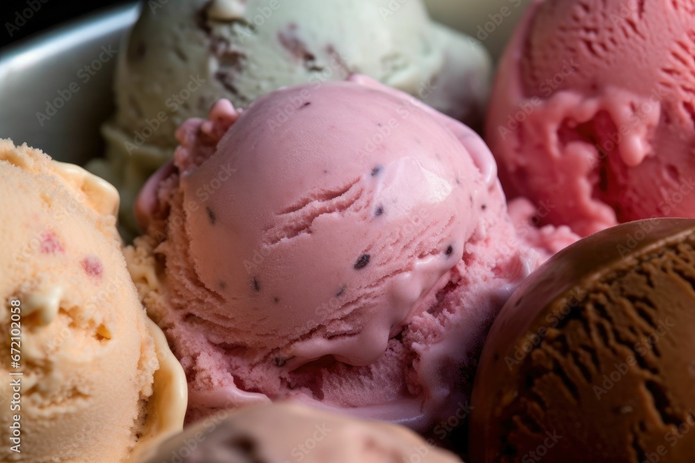 AI generated illustration of a bowl with several ice cream scoops in a variety of flavors AI generated illustration of a bowl with several ice cream scoops in a variety of flavors