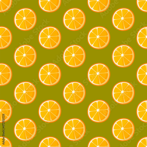 Seamless pattern of round identical orange slices with leaves on a green background. Citrus background for summer fabrics, wallpapers, orange products posters, wrapping paper. Vector illustration.