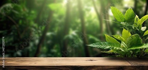 Empty table with nature tapestry. Exploring beauty of green foliage sunlit leaves and organic textures in summer environment